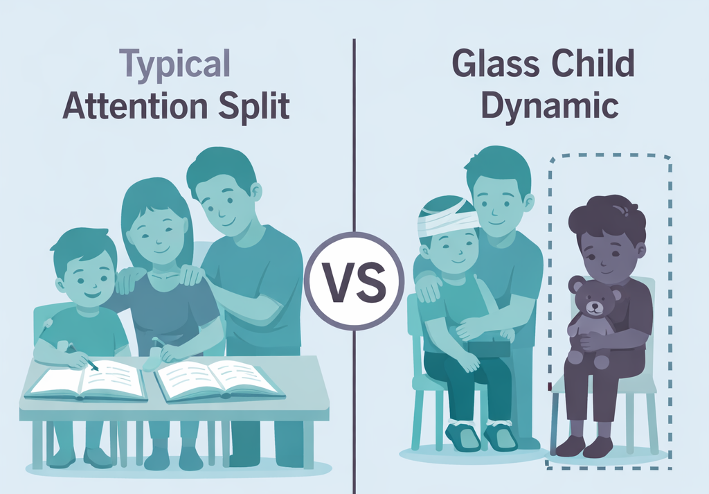 Comparison illustration: typical attention split (parents fully attentive to one child doing homework) vs glass child dynamic (parents attentive to a high-needs child while the glass child sits alone holding a teddy bear at the edge of the family scene).